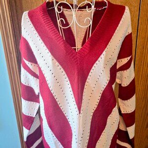 Red White Chevron Stripe V-Neck Pullover Sweater Women’s Sm Acrylic Long Sleeve
